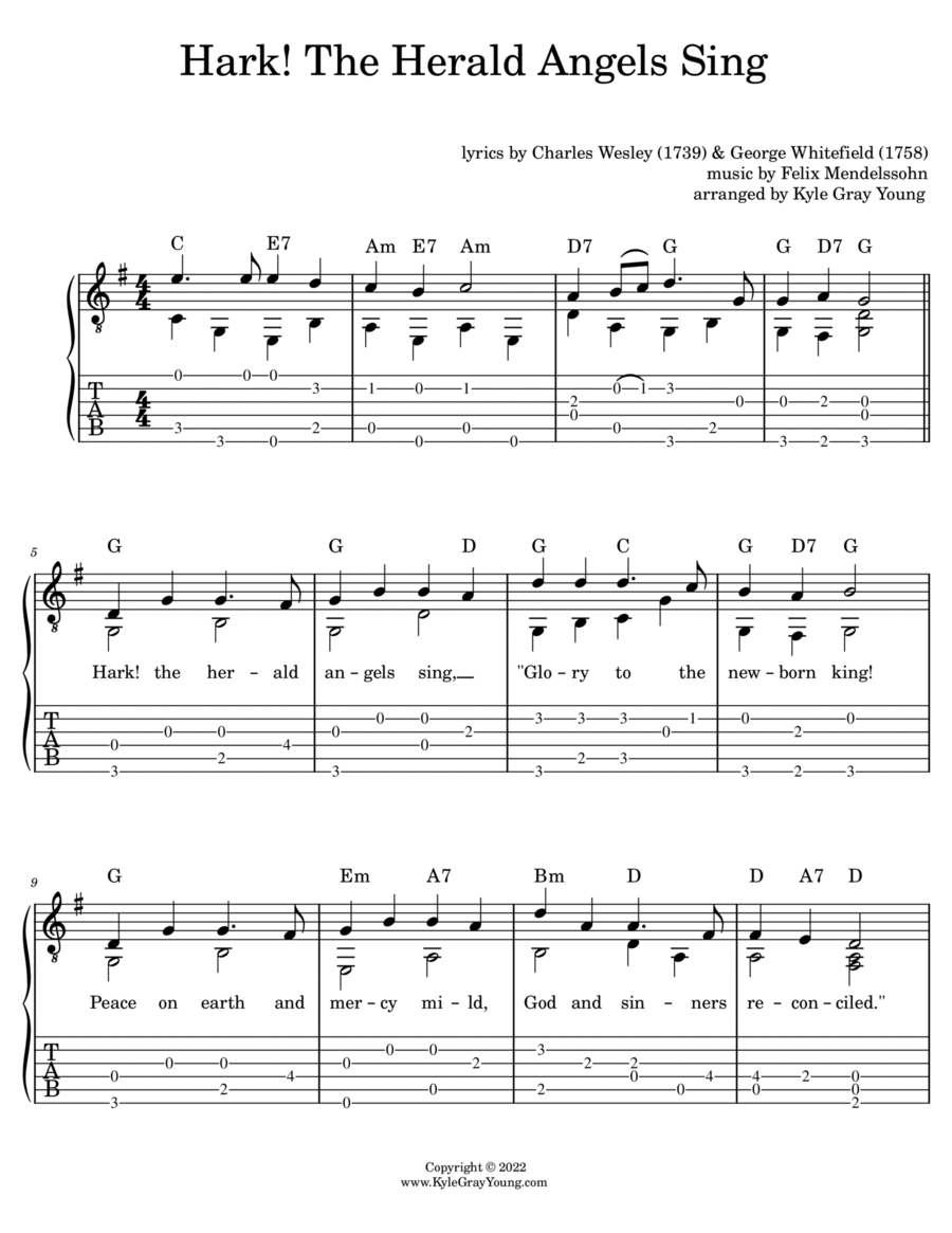 Hark! The Herald Angels Sing (easy fingerstyle guitar tablature) image number null