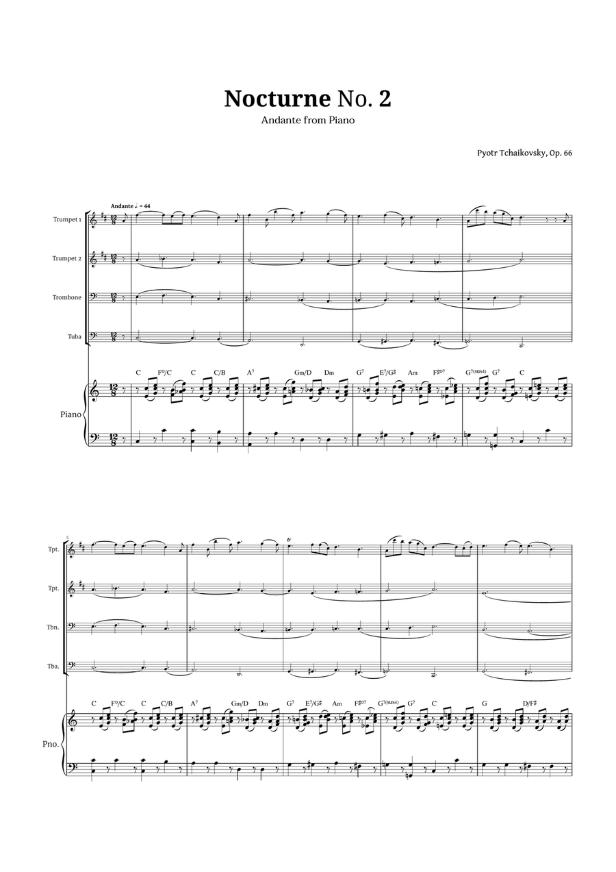Nocturne by Chopin for Brass Quartet and Piano Brass Quartet scores gallery preview page 1