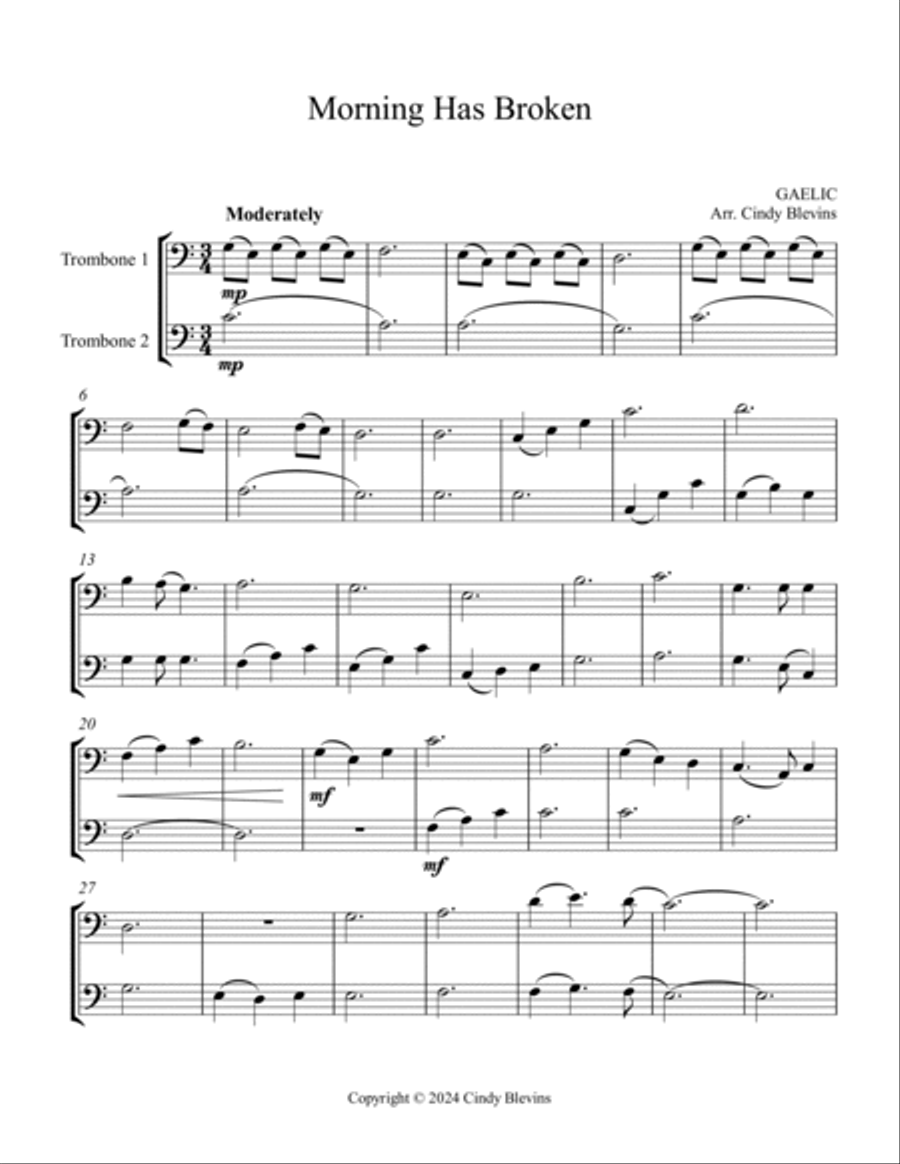 Morning Has Broken, for Trombone Duet Trombone Duet scores gallery preview page 2