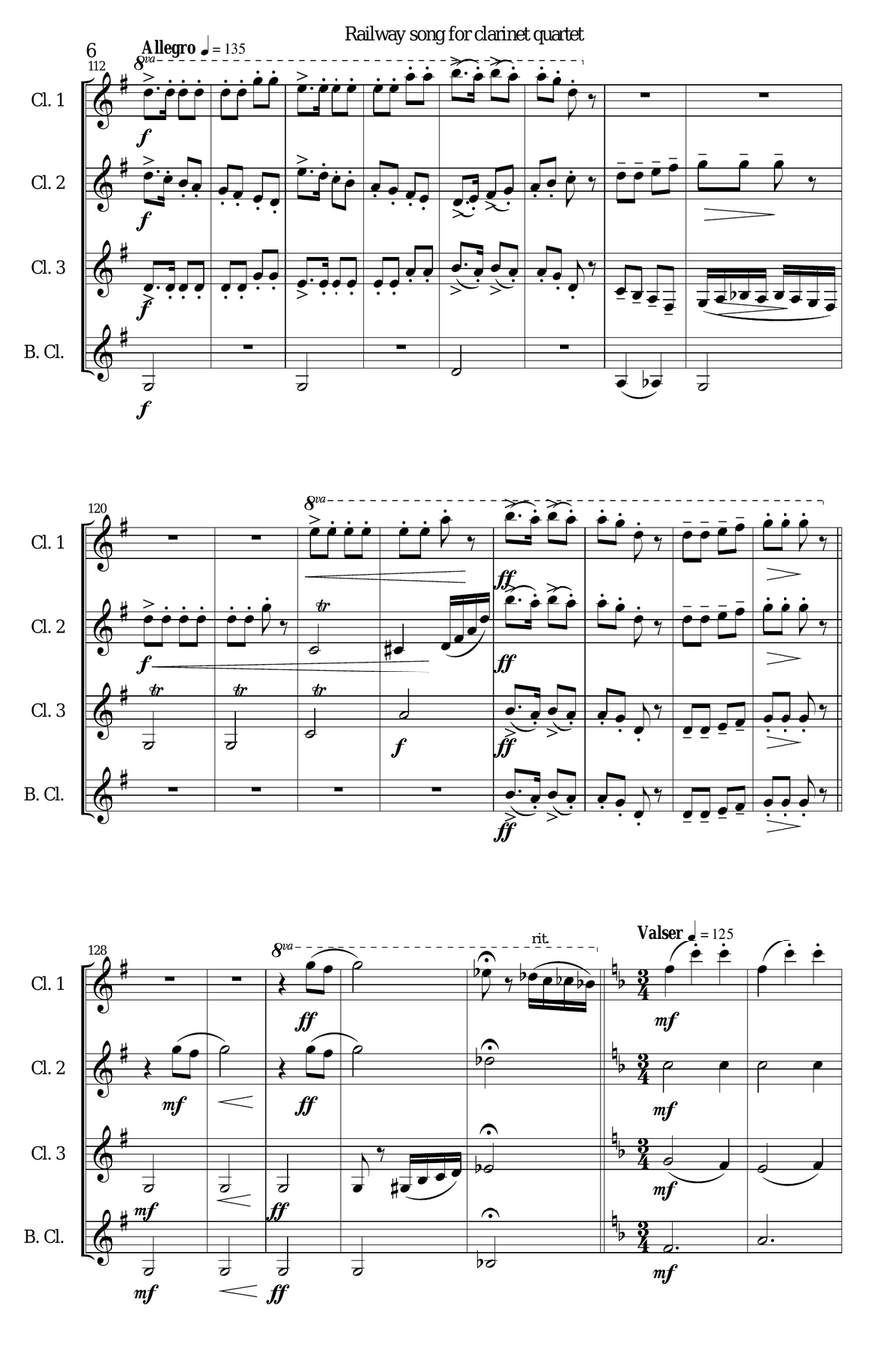 Railway Song (Auf de schwäb'sche Eisebahne) for clarinet quartet Clarinet Quartet scores gallery preview page 6