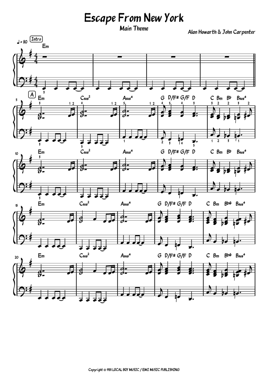 Escape From New York Easy Piano scores gallery preview page 1