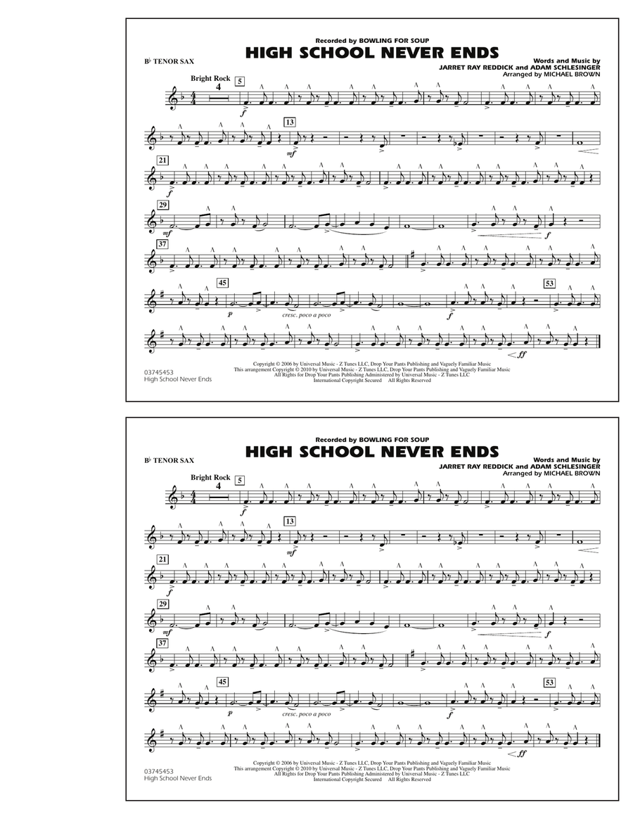 High School Never Ends - Bb Tenor Sax Marching Band scores gallery preview page 1