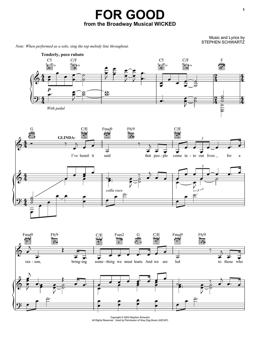 For Good (from Wicked) Piano, Vocal, Guitar scores gallery preview page 1
