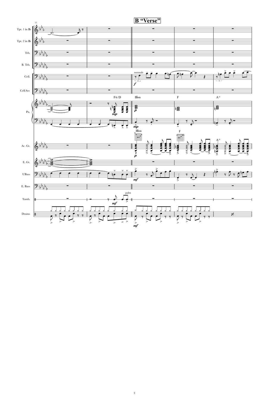 Bossa Bravado; Allegretto in Bb Minor; for 3 cellos & Jazz Ensemble Jazz Ensemble scores gallery preview page 3