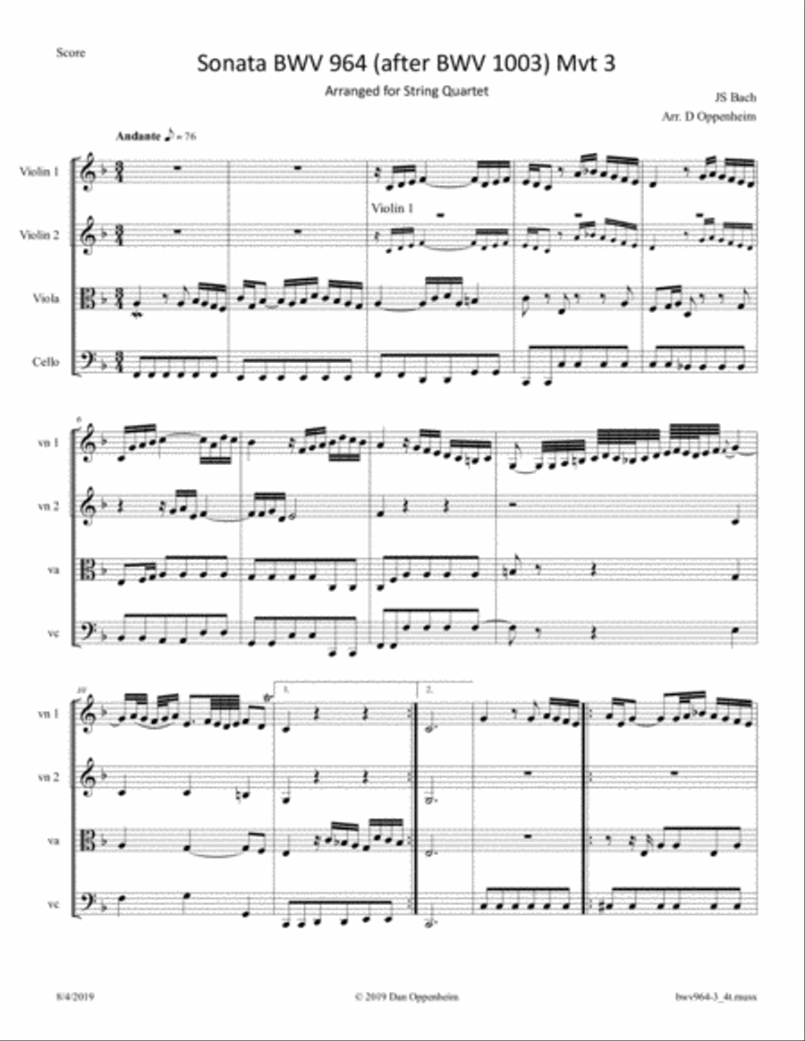 Bach: Piano Sonata BWV 964 (after violin sonata bwv 1003) mvt 3 transcribed for String Quartet String Quartet scores gallery preview page 1