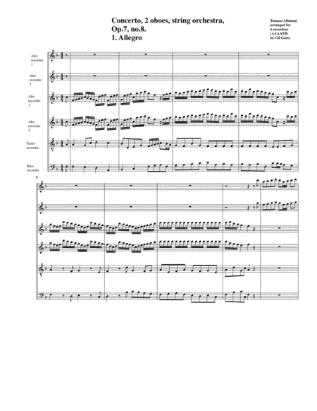 Concerto, 2 oboes, string orchestra, Op.7, no.8 (Arrangement for 6 recorders)