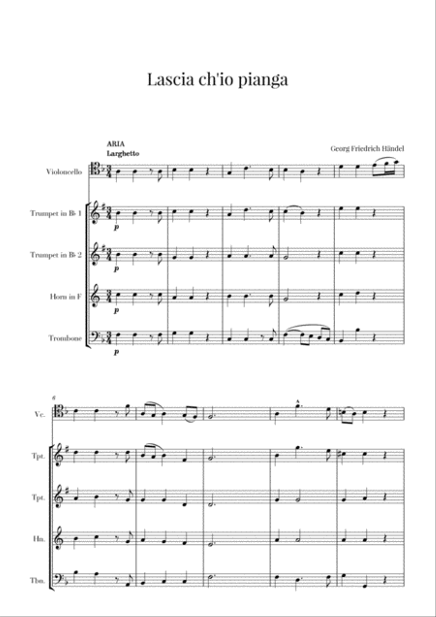 Haendel - Lascia ch’io pianga (for Cello and Brass Quartet) Brass Quartet scores gallery preview page 1