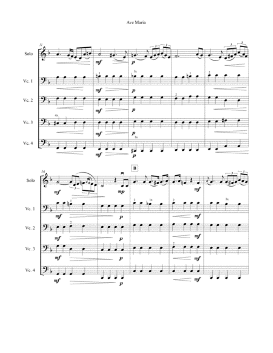 Schubert Ave Maria, for solo advanced cello plus four beginner cellists or cello ensemble Cello scores gallery preview page 2