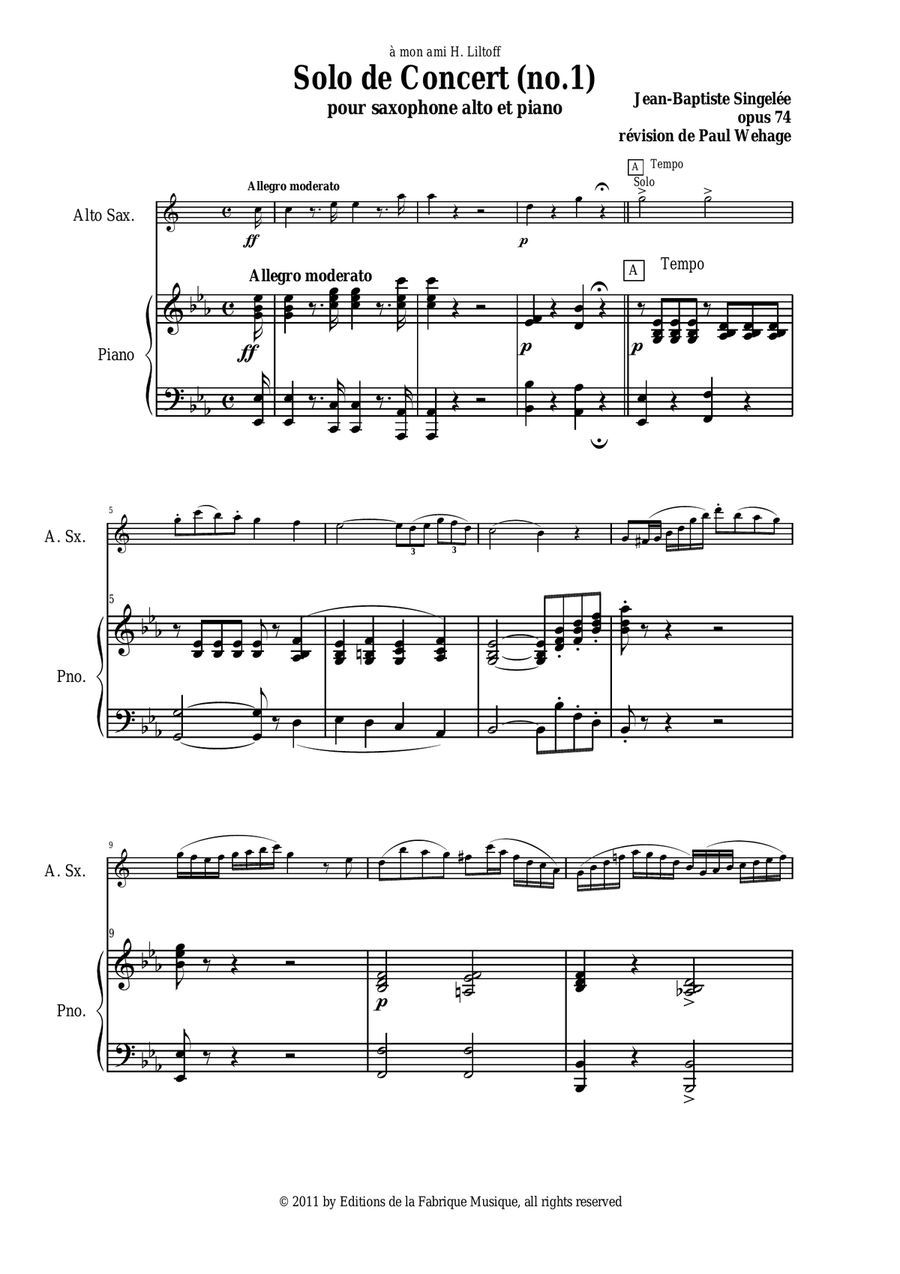 Jean-Baptiste Singelée Solo de Concert (no. 1), Opus 74 pour Saxophone Alto et Piano