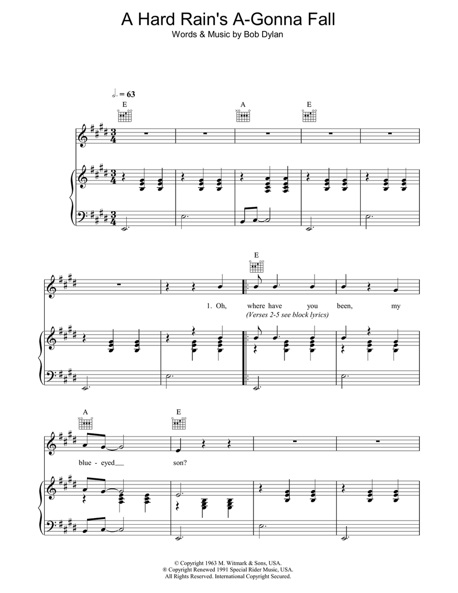 A Hard Rain's A-Gonna Fall Piano, Vocal, Guitar scores gallery preview page 1