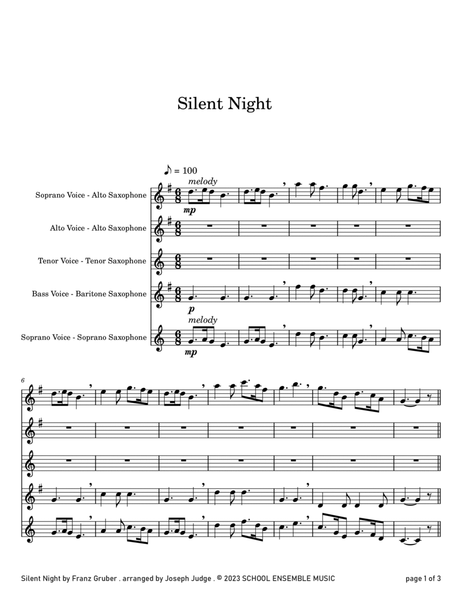 Silent Night for Saxophone Quartet in Schools image number null