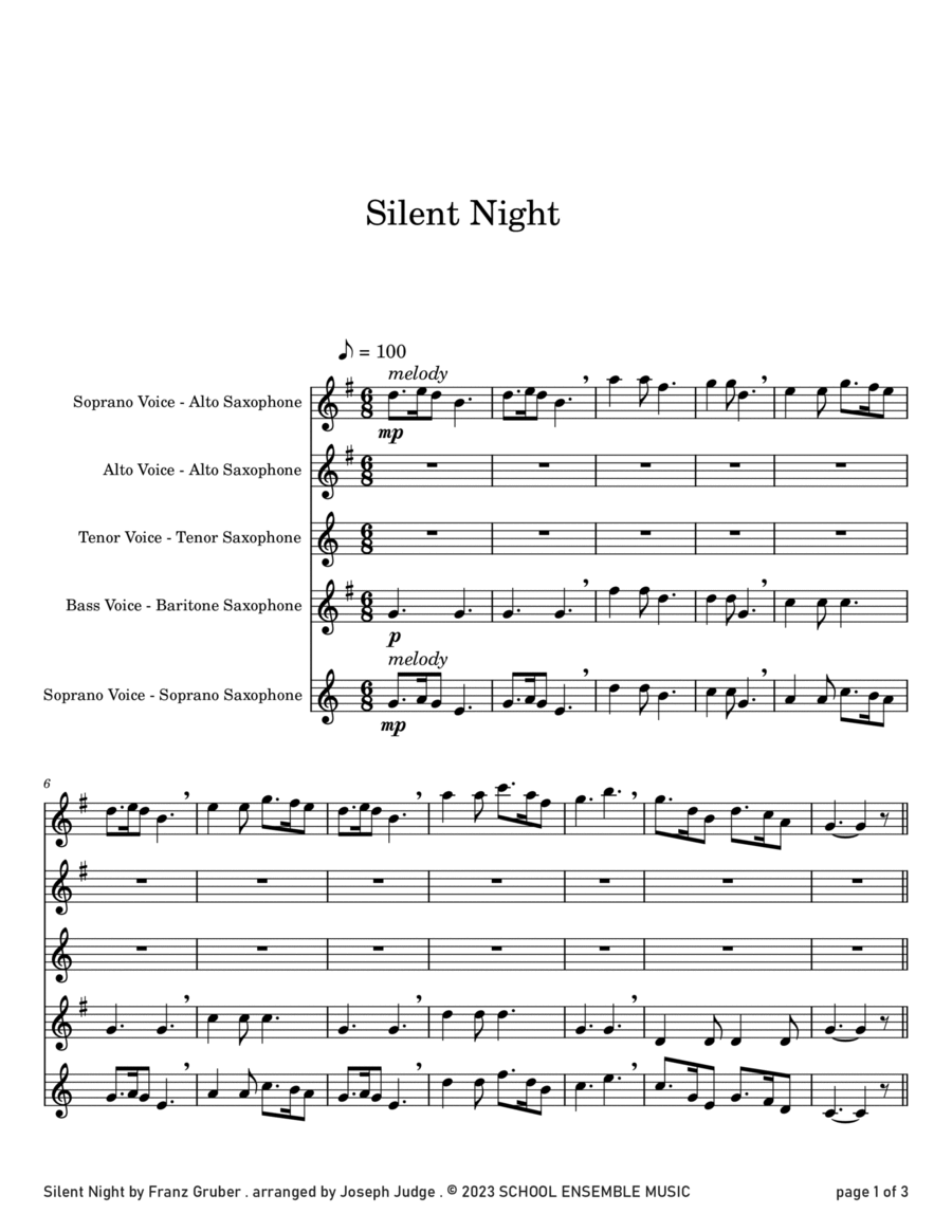 Silent Night for Saxophone Quartet in Schools Saxophone Quartet scores gallery preview page 1