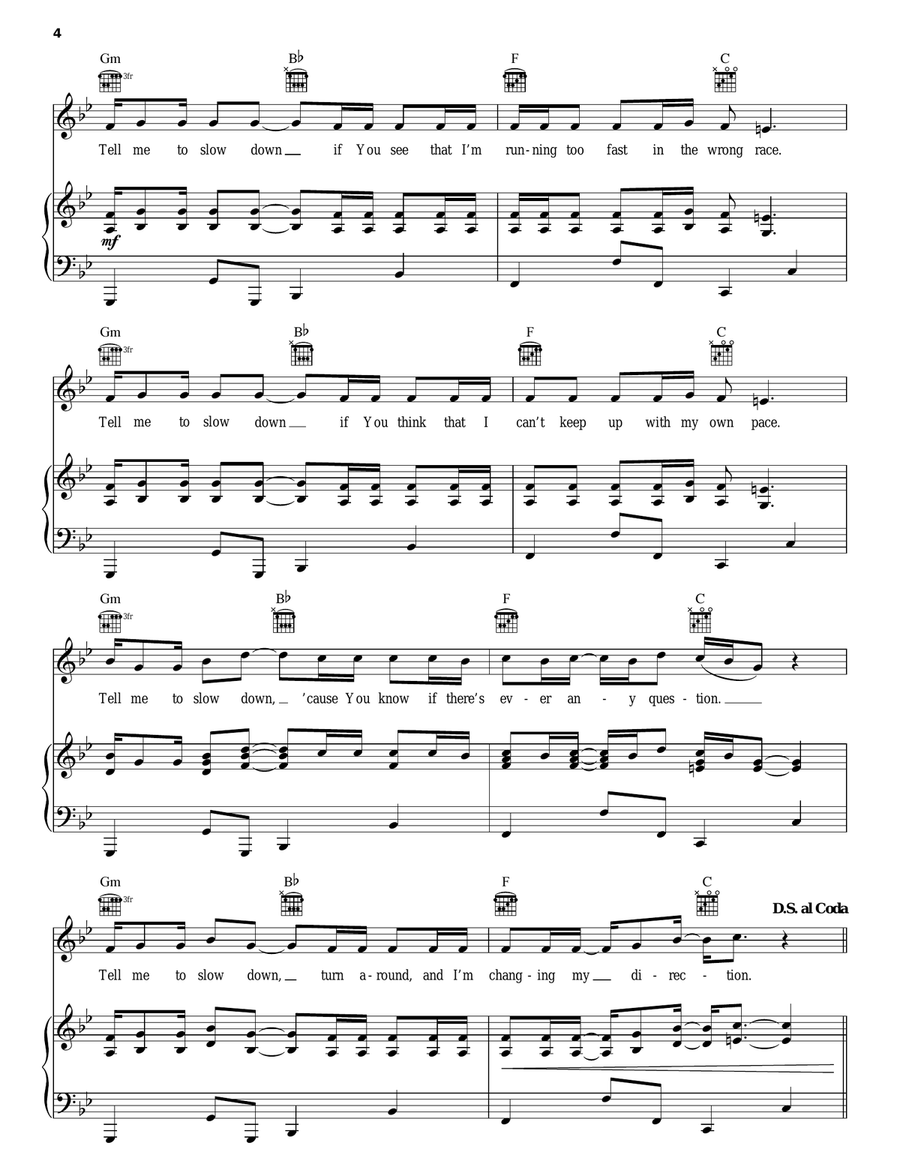 Slow Down Piano, Vocal, Guitar scores gallery preview page 4