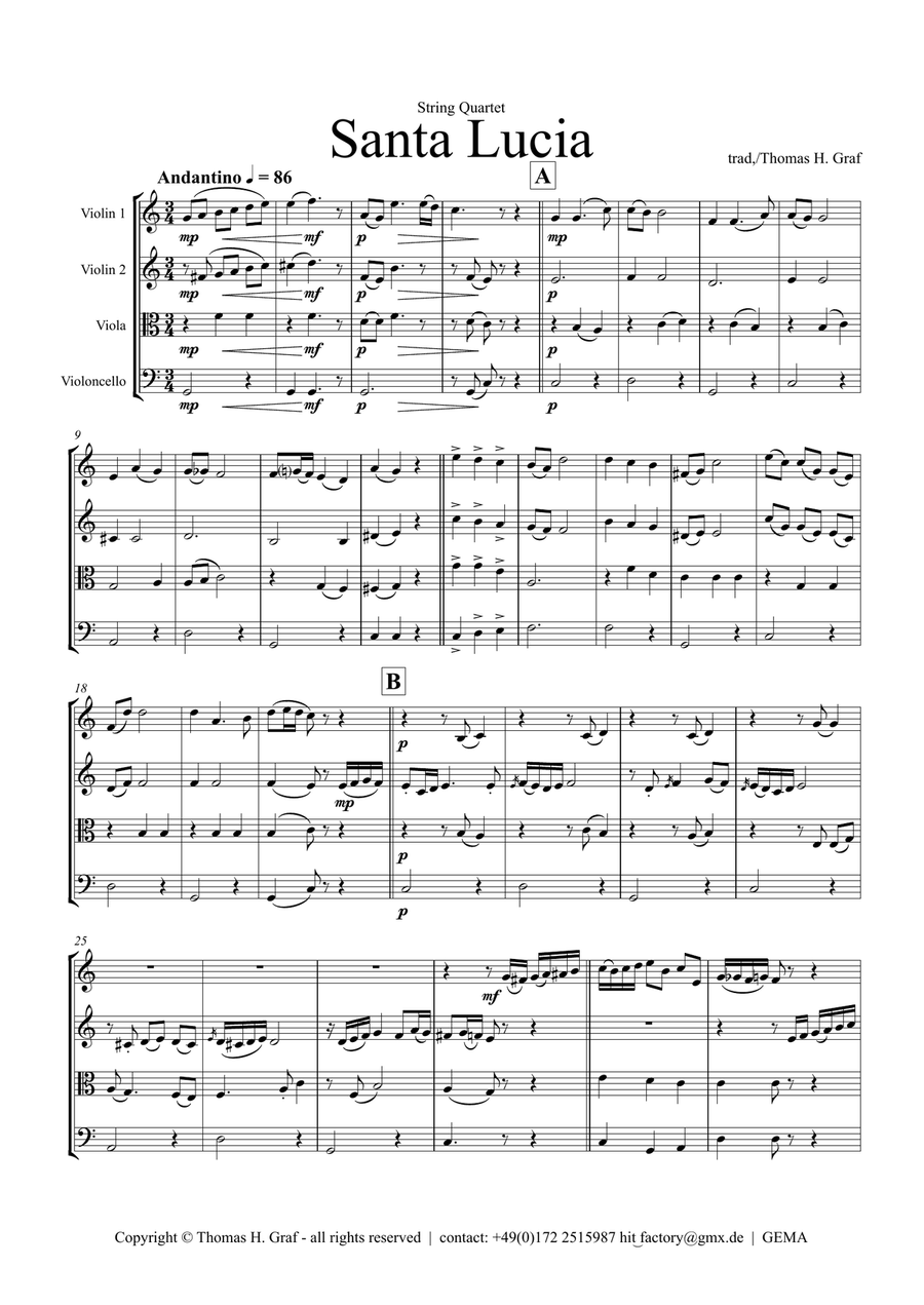 Santa Lucia - Italian Folk Song - Here in the twighlight - String Quartet String Quartet scores gallery preview page 1