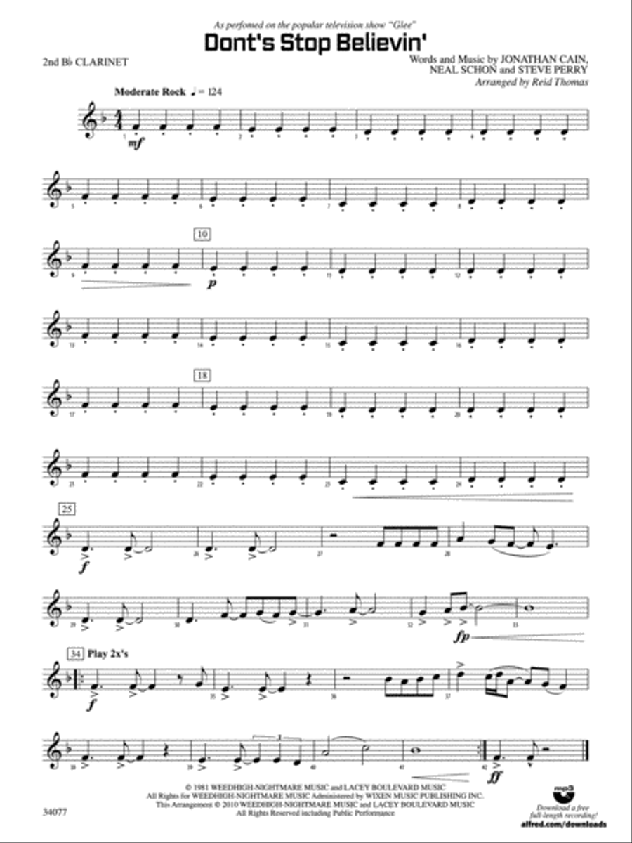 Don't Stop Believin': 2nd B-flat Clarinet Concert Band scores gallery preview page 1