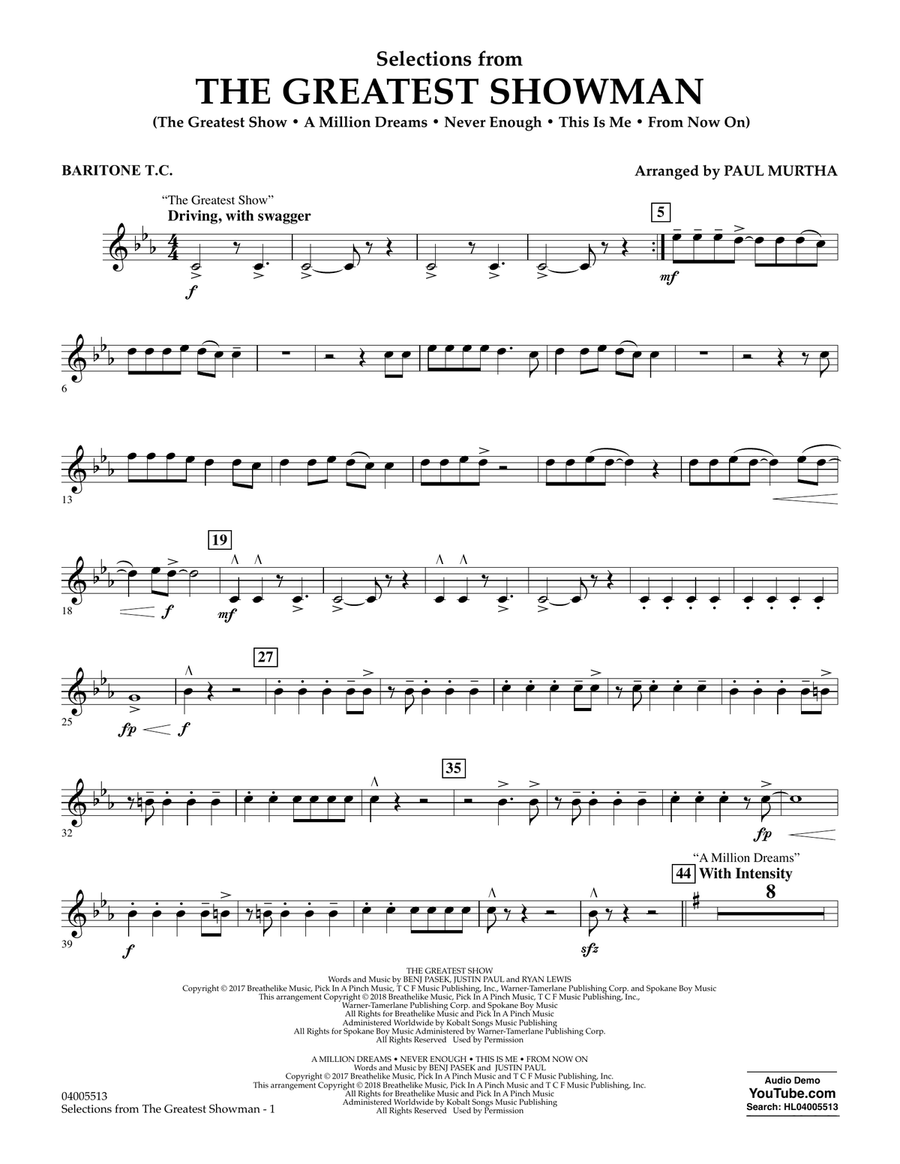 Selections from The Greatest Showman (arr. Paul Murtha) - Baritone T.C. Concert Band scores gallery preview page 1