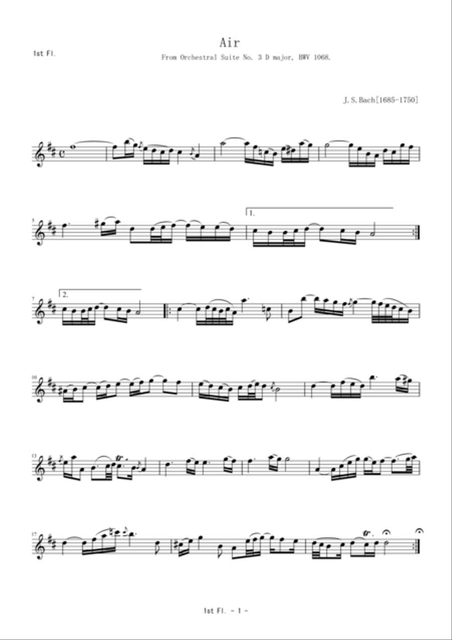 Air from Orchestral Suite No. 3 D major, BWV 1068. Woodwind Quintet scores gallery preview page 1
