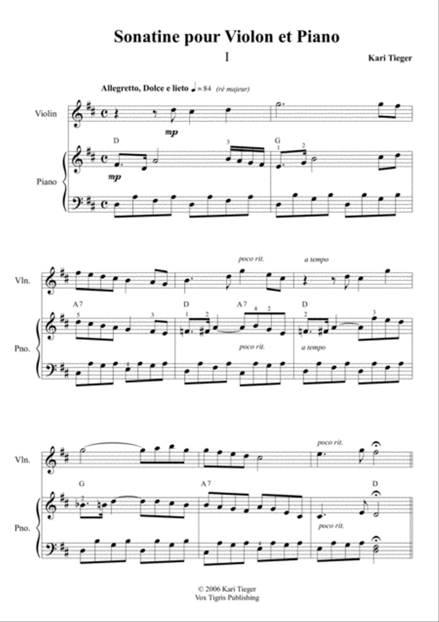Sonatina for Piano and Violin Violin Solo scores gallery preview page 1