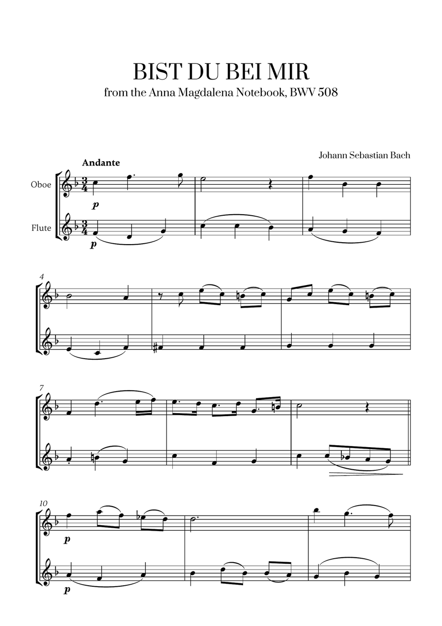 Johann Sebastian Bach - Bist du bei Mir (BWV 508) (F major) (for Oboe and Flute)