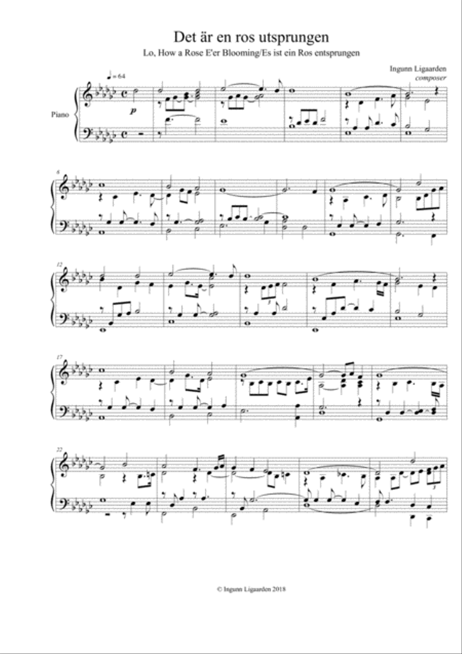 Lo, How a Rose E'er Blooming/Es ist ein Ros entsprungen Piano Solo scores gallery preview page 1