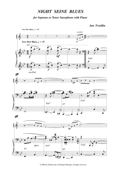 Jan Freidlin: Night Seine Blues for Bb soprano or tenor saxophone and piano