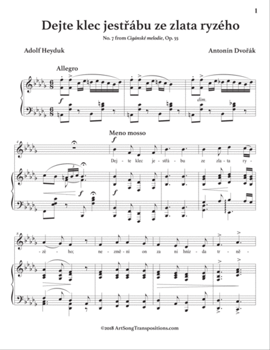 DVORÁK: Dejte klec jestřábu ze zlata ryzého, Op. 55 no. 7 (transposed to B-flat minor) Voice scores gallery preview page 2