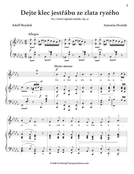 DVORÁK: Dejte klec jestřábu ze zlata ryzého, Op. 55 no. 7 (transposed to B-flat minor)
