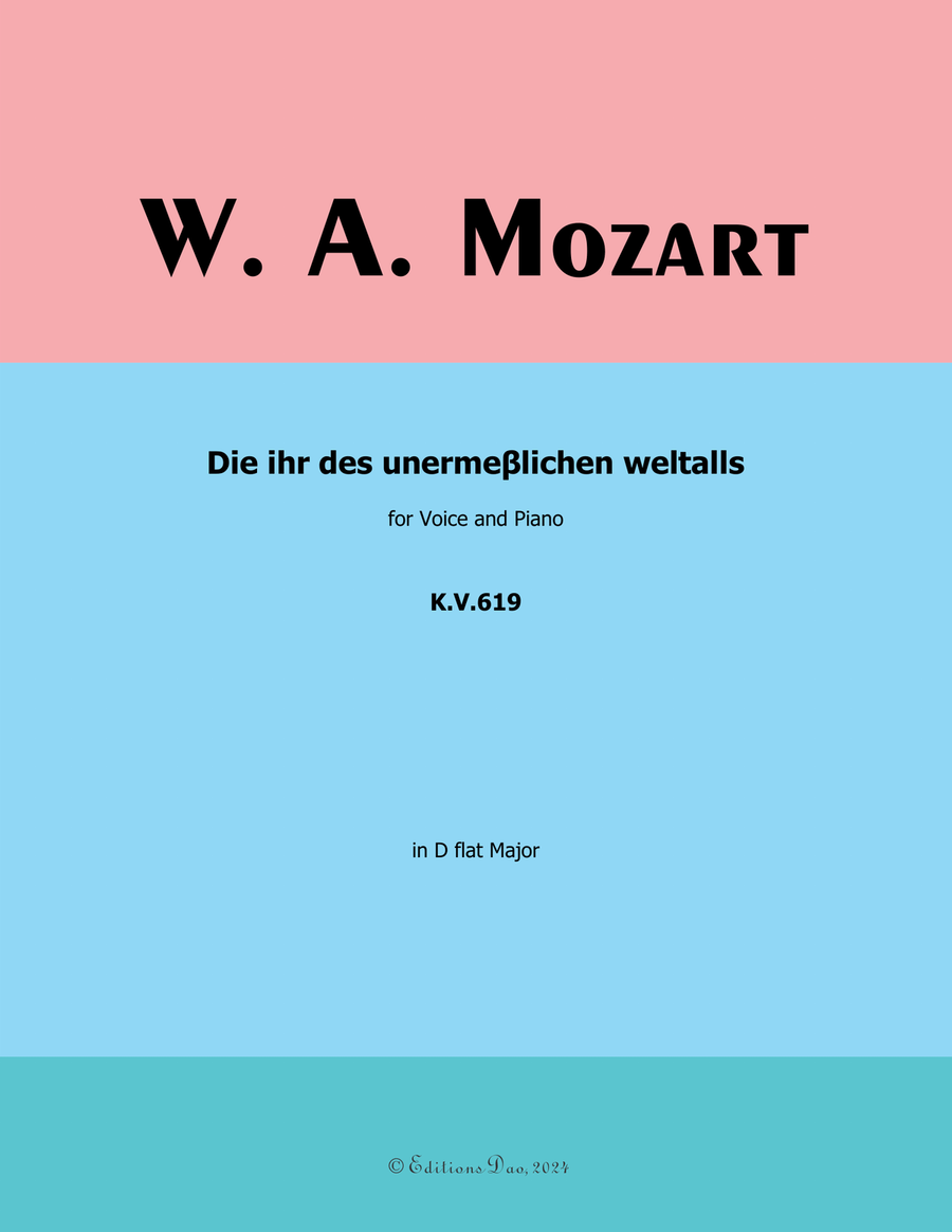 Die ihr des unermeβlichen weltalls, by Mozart, K.V.619, in D flat Major Piano, Vocal scores gallery preview page 1