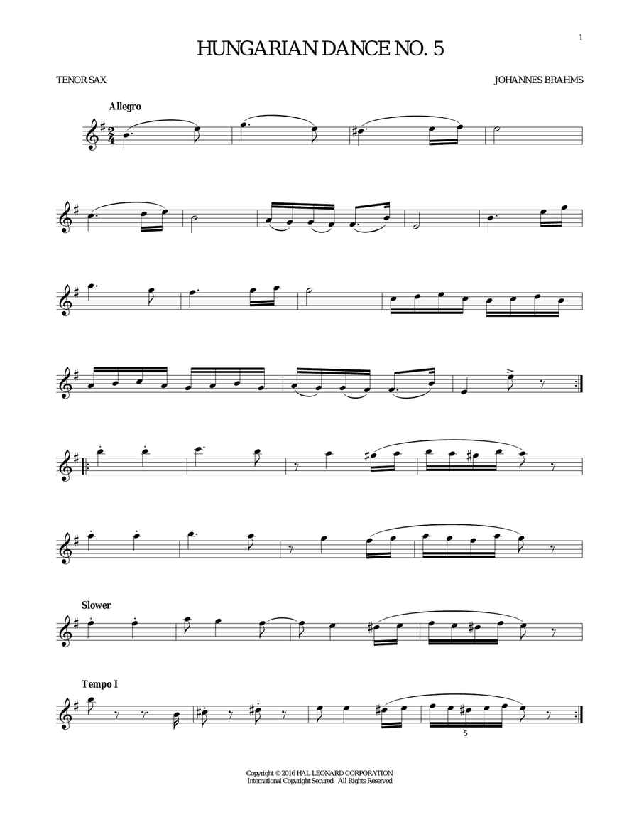 Hungarian Dance No. 5 Hungarian Dance No. 5 Tenor Saxophone scores gallery preview page 1