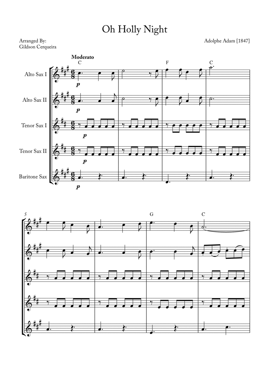 Oh Holy night Saxophone Quintet scores gallery preview page 1