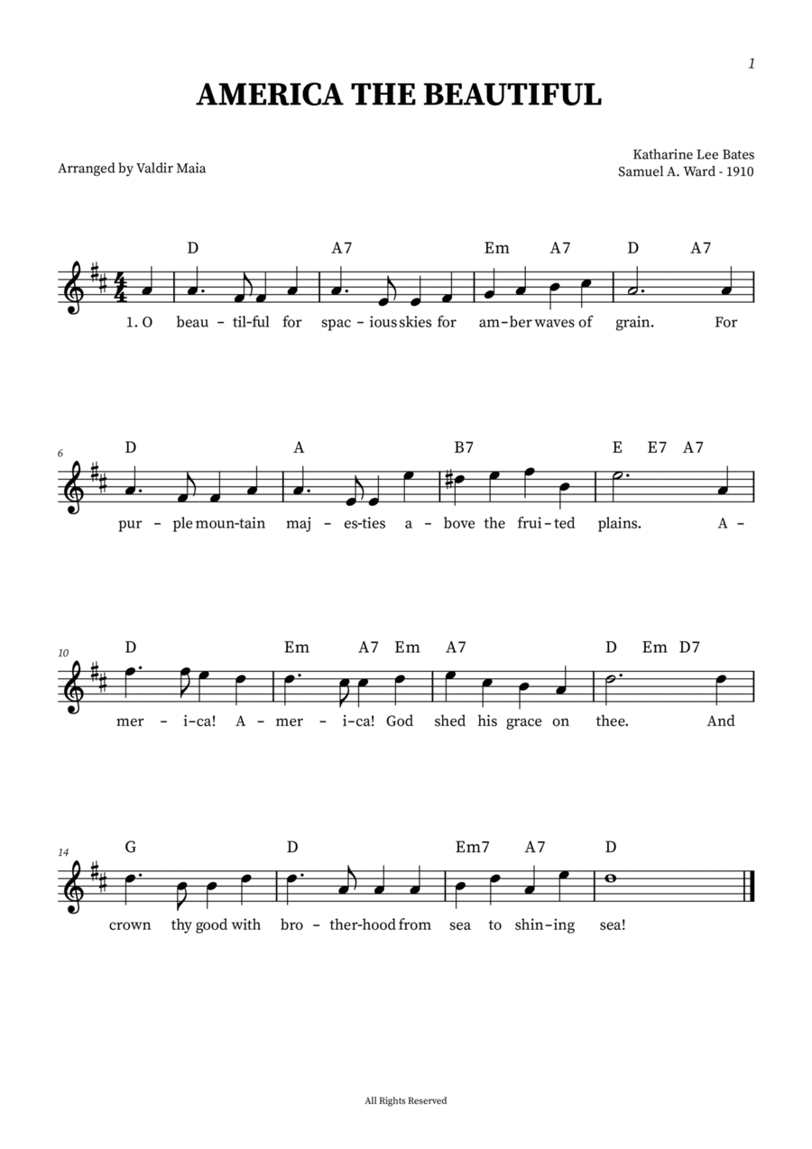 America The Beautiful - Leadsheet in D Easy Piano scores gallery preview page 1