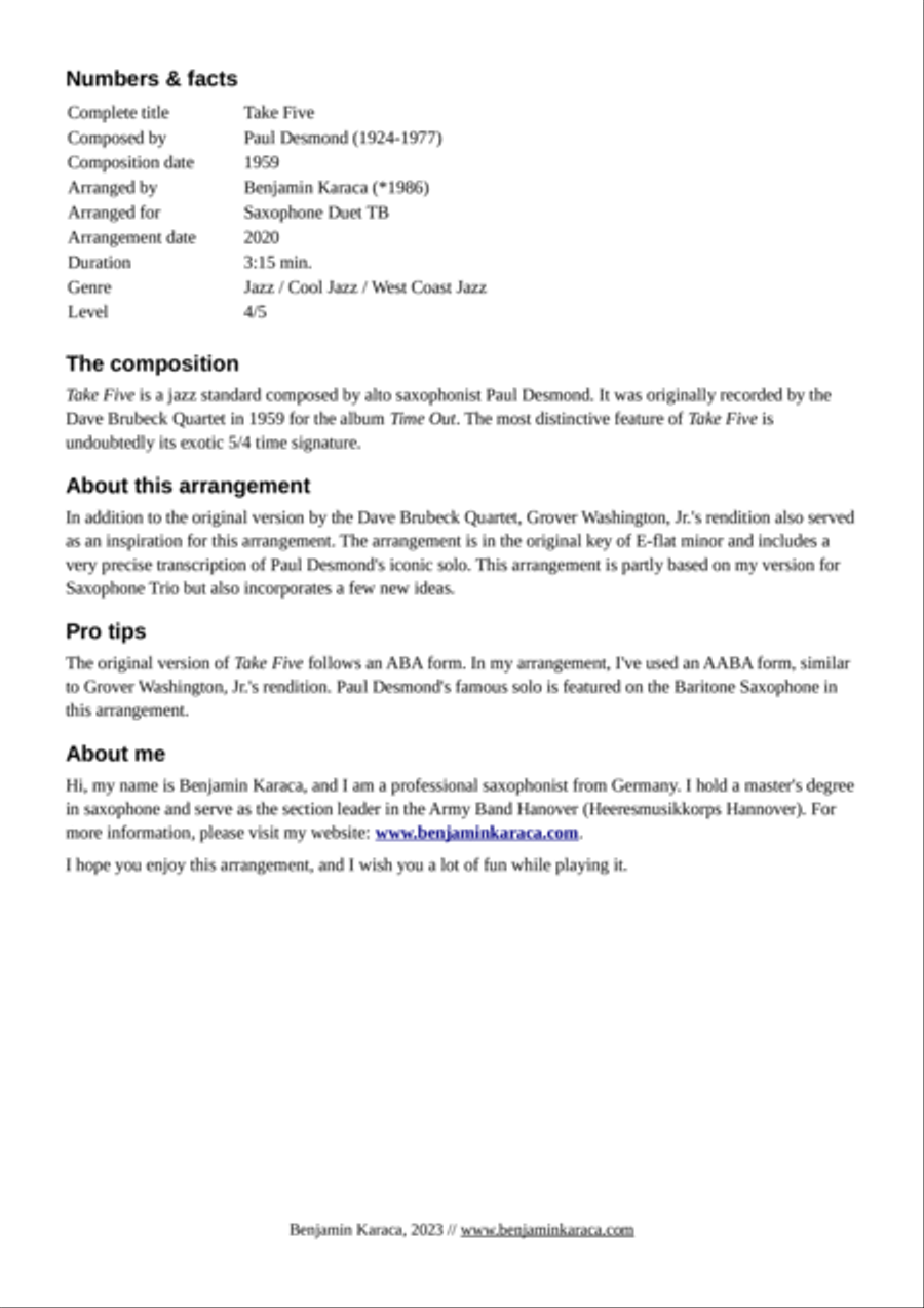 Take Five Tenor Saxophone scores gallery preview page 2
