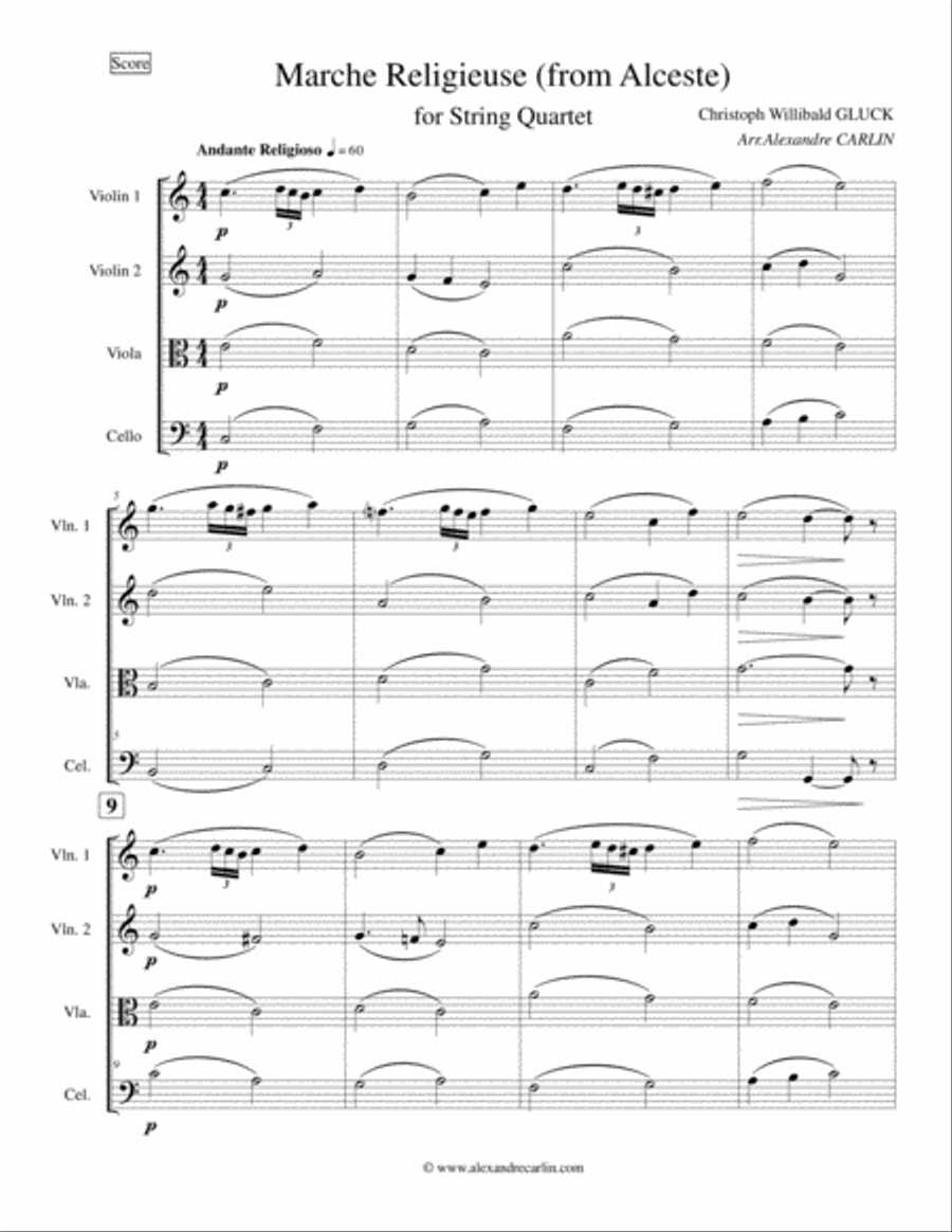 Marche Religieuse (from Alceste) by Gluck - Arranged for String Quartet String Quartet scores gallery preview page 5