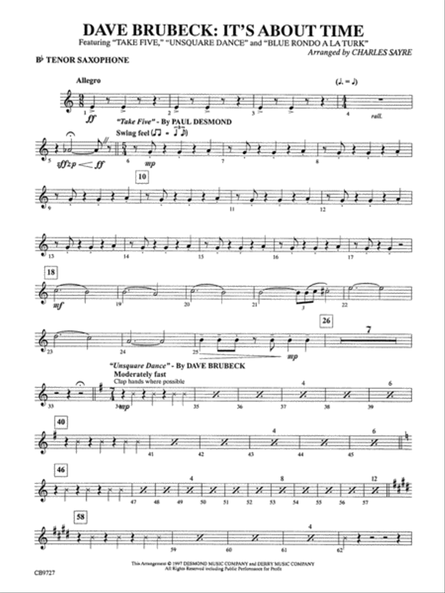 Dave Brubeck: It's About Time: B-flat Tenor Saxophone Concert Band scores gallery preview page 1