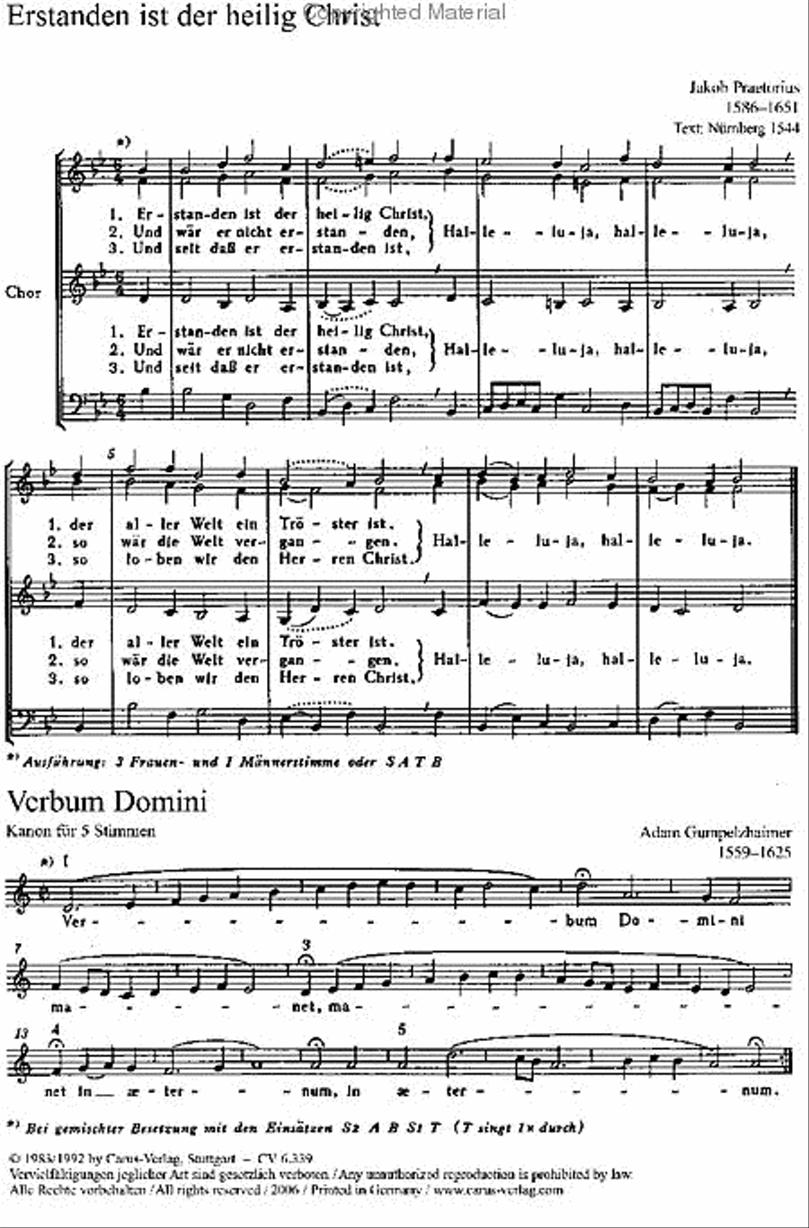 Praetorius: Erstanden ist der heilig Christ; Gumpelzhaimer: Verbum Domini; Schutz: Singet dem Herrn Score scores gallery preview page 2