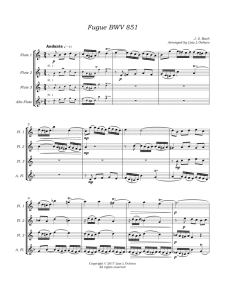 Fugue BWV 851 from The Well-Tempered Clavier, Book 1 for Flute Quartet (3C, A) image number null