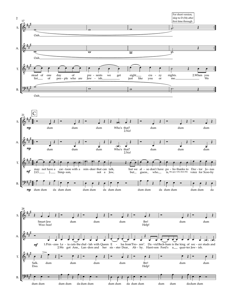 Adam's Hanukkah Song 4-Part scores gallery preview page 3