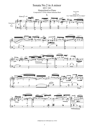 Book cover for Bach - Sonata No.2 in A minor BWV 1003 for Harpsichord or Piano