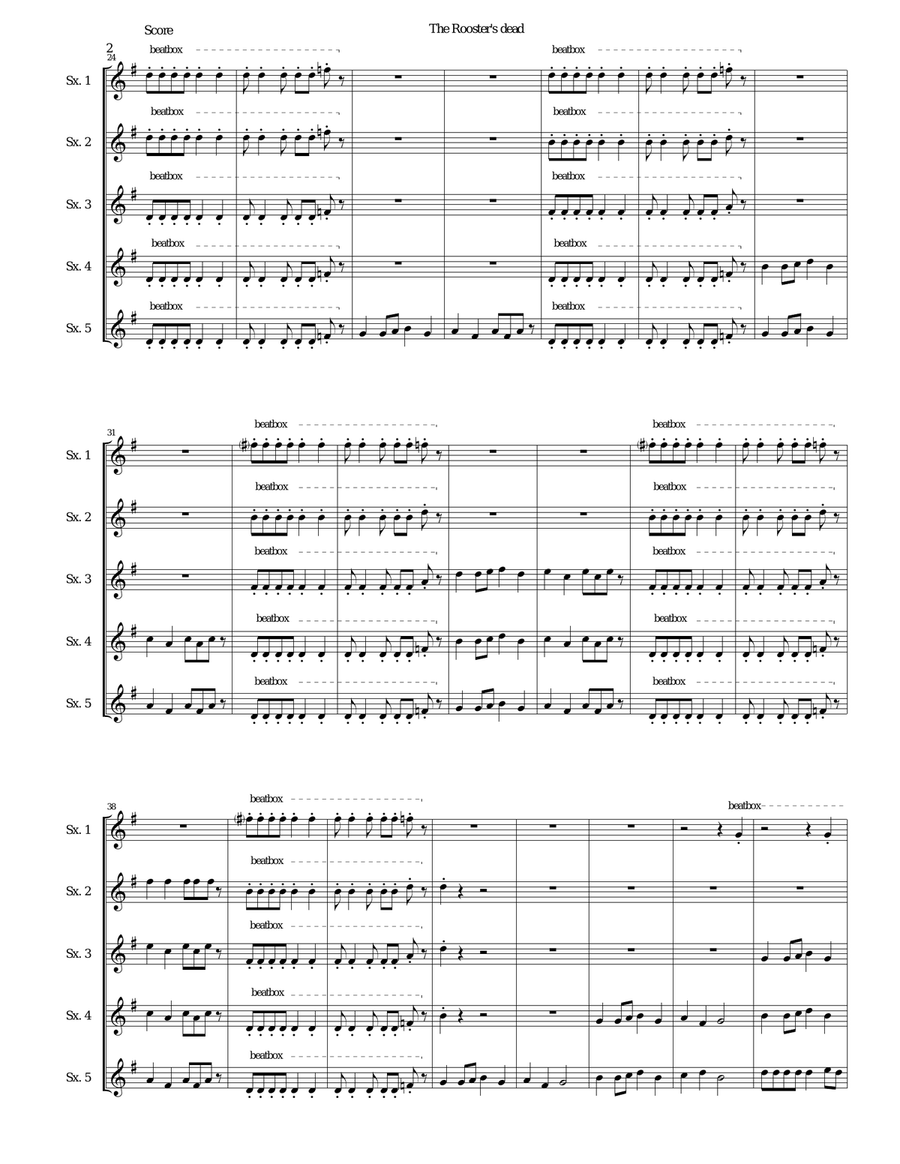 The Rooster's Dead (Le coq est mort) canon for 5 saxophones with beatboxing Saxophone Quintet scores gallery preview page 2