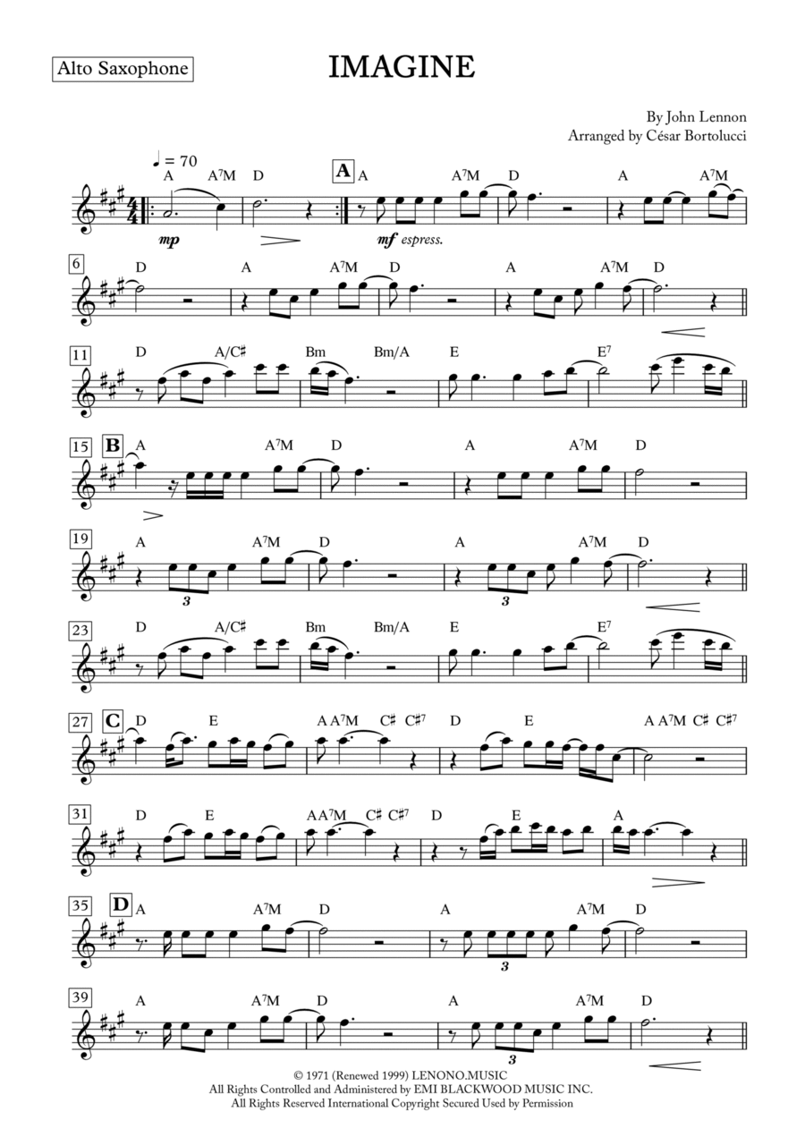 Imagine by John Lennon Alto Saxophone Digital Sheet Music