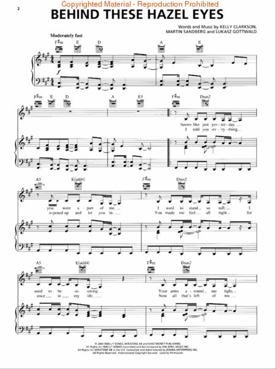 Behind These Hazel Eyes Piano, Vocal, Guitar scores gallery preview page 2
