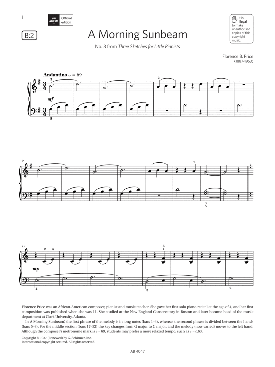 A Morning Sunbeam (Grade 1, list B2, from the ABRSM Piano Syllabus 2023 & 2024) Piano Method scores gallery preview page 1