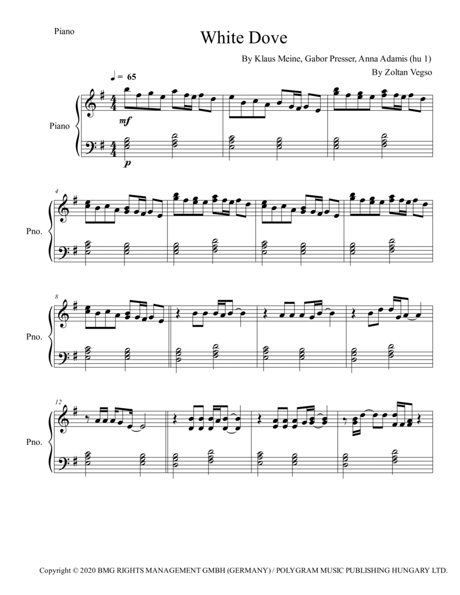 White Dove Easy Piano scores gallery preview page 1
