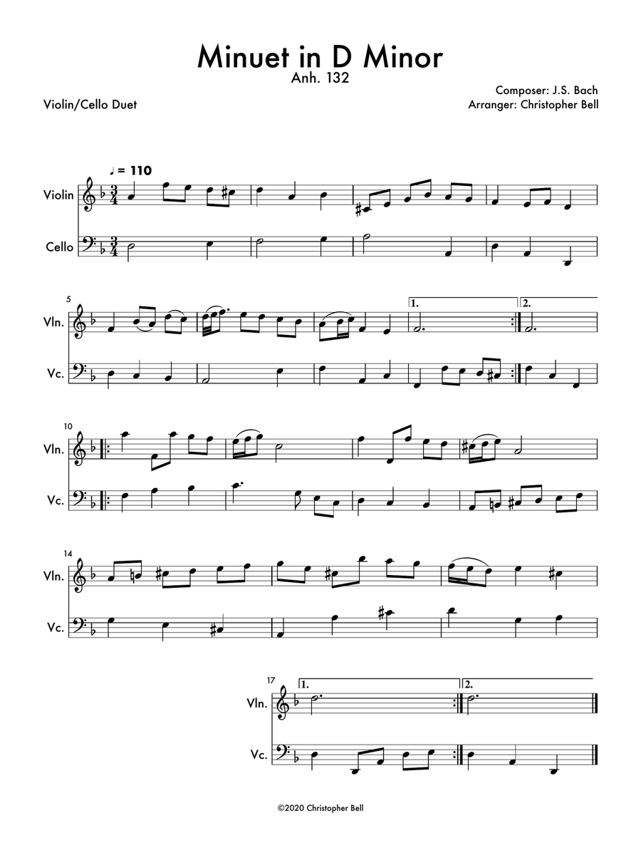 Minuet in D Minor (Anh 132) Violin/Cello Duet String Duet scores gallery preview page 1