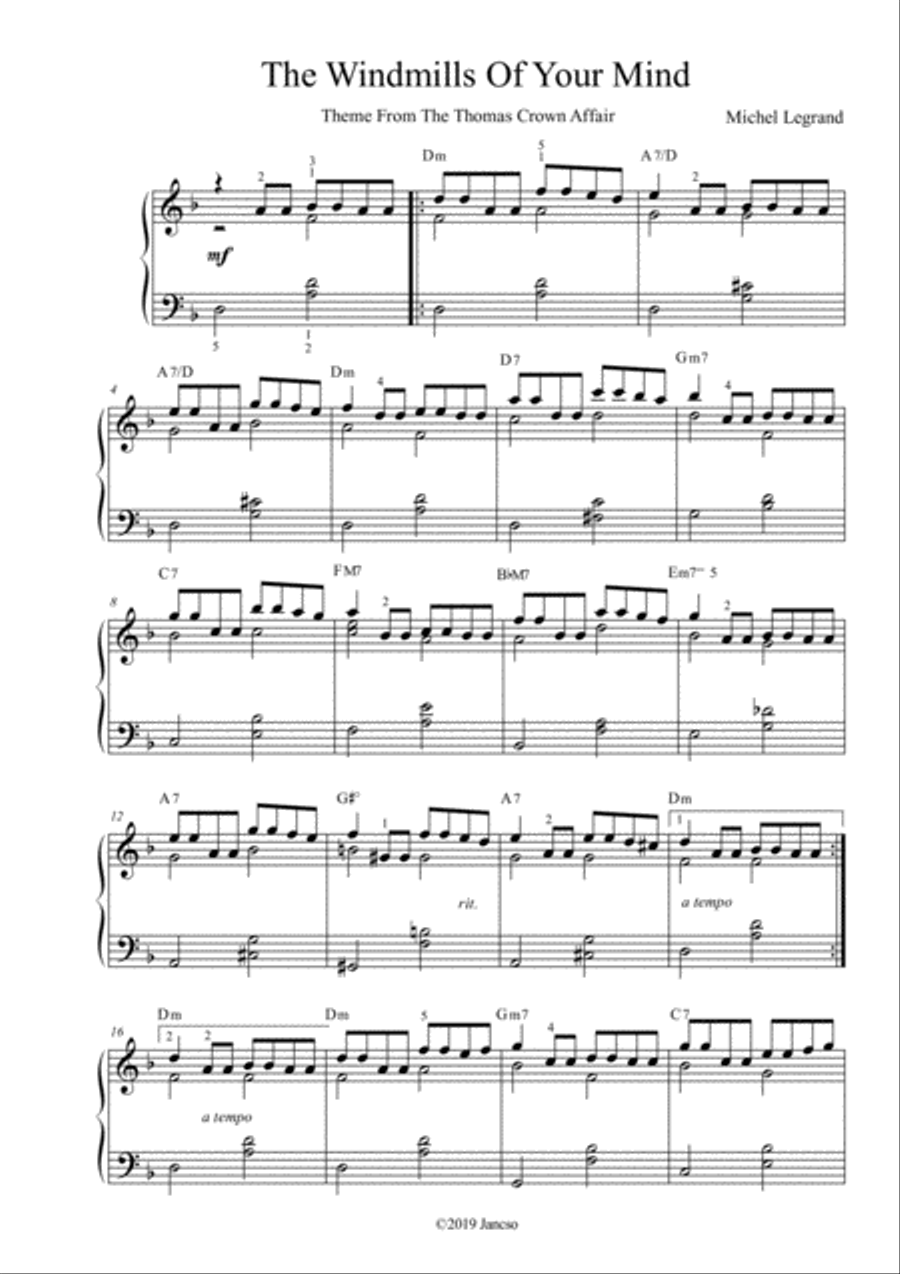 The Windmills Of Your Mind Piano Solo scores gallery preview page 1