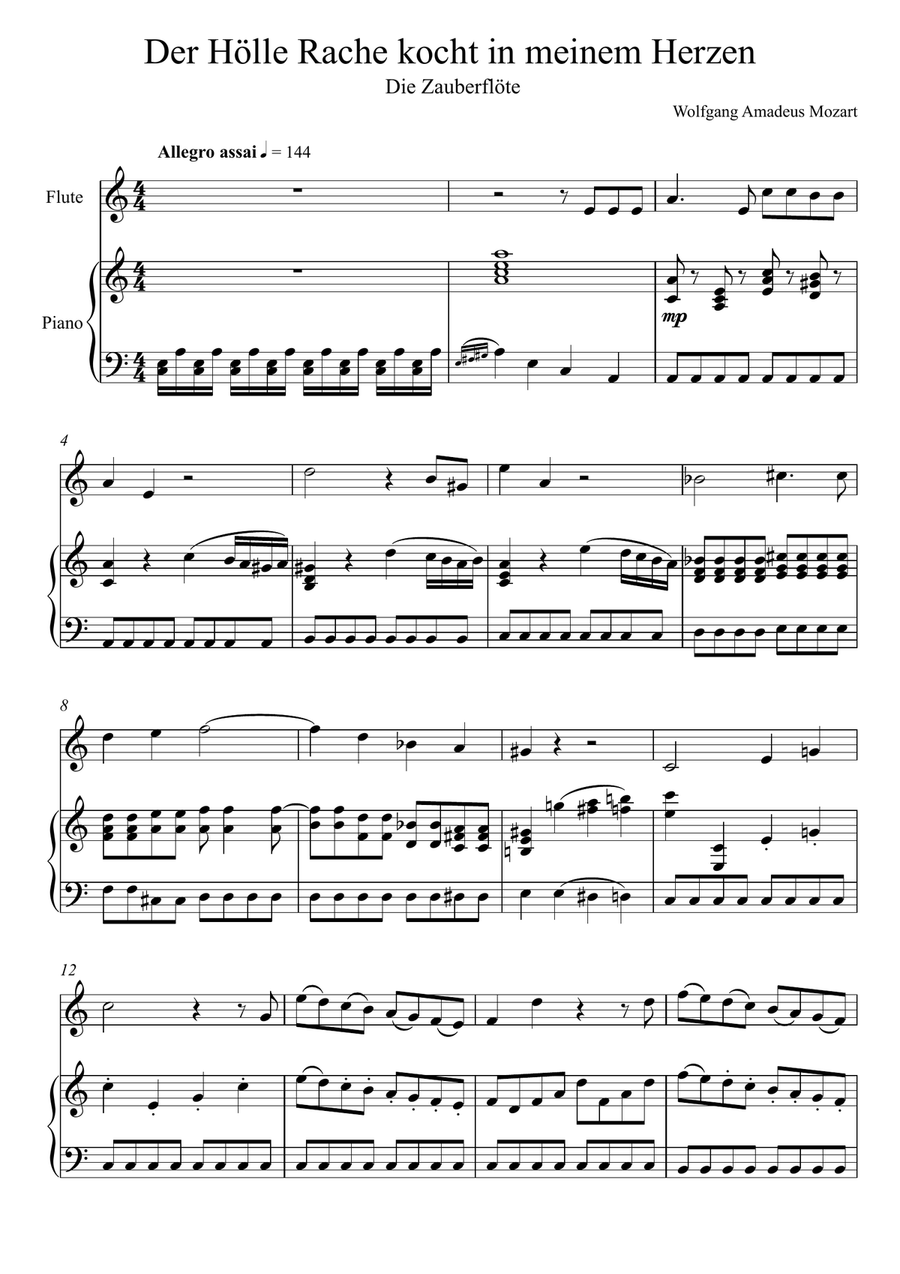 W.A Mozart - Der Hölle Rache kocht in meinem Herzen (Die Zauberflöte) Flute Solo Flute Solo scores gallery preview page 1