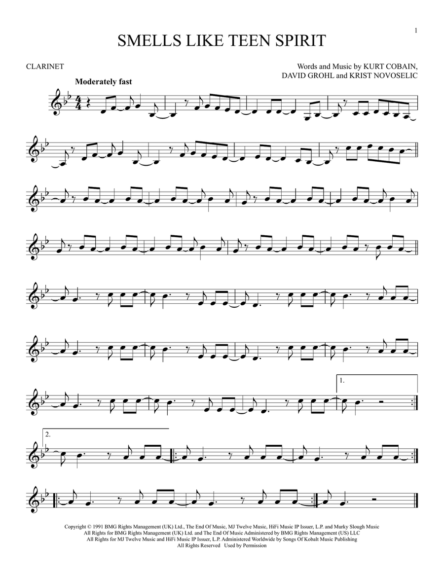 Smells Like Teen Spirit Clarinet Solo scores gallery preview page 1