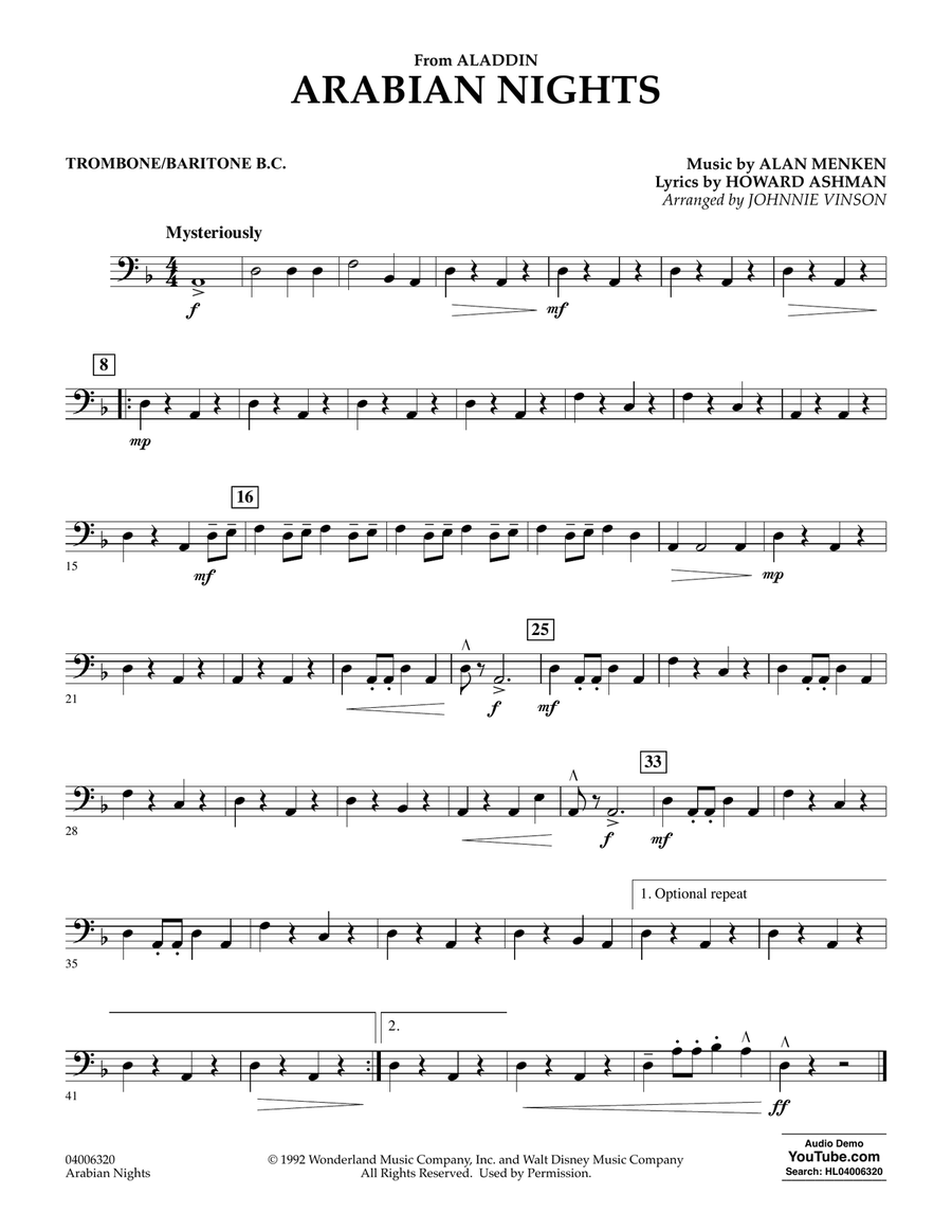 Arabian Nights (from Disney's Aladdin) (arr. Johnnie Vinson) - Trombone/Baritone B.C. Concert Band scores gallery preview page 1