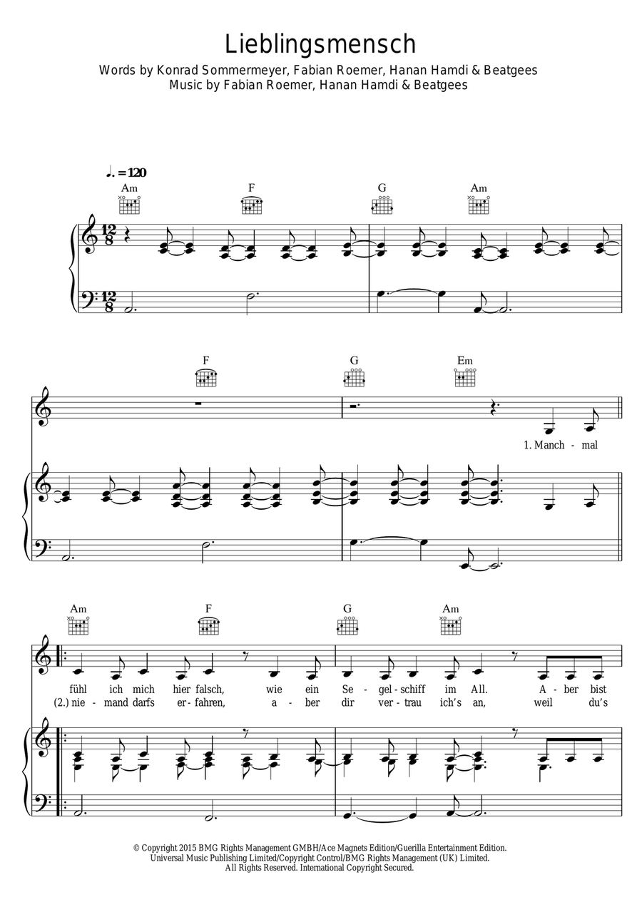 Lieblingsmensch Piano, Vocal, Guitar scores gallery preview page 1