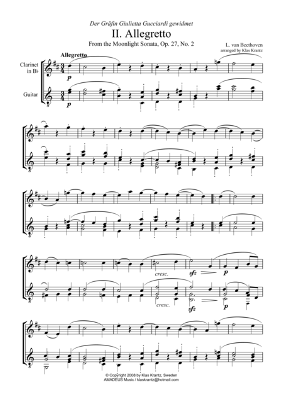 Allegretto (Moonlight Sonata) for clarinet in Bb and guitar (C Major) B-Flat Clarinet scores gallery preview page 1